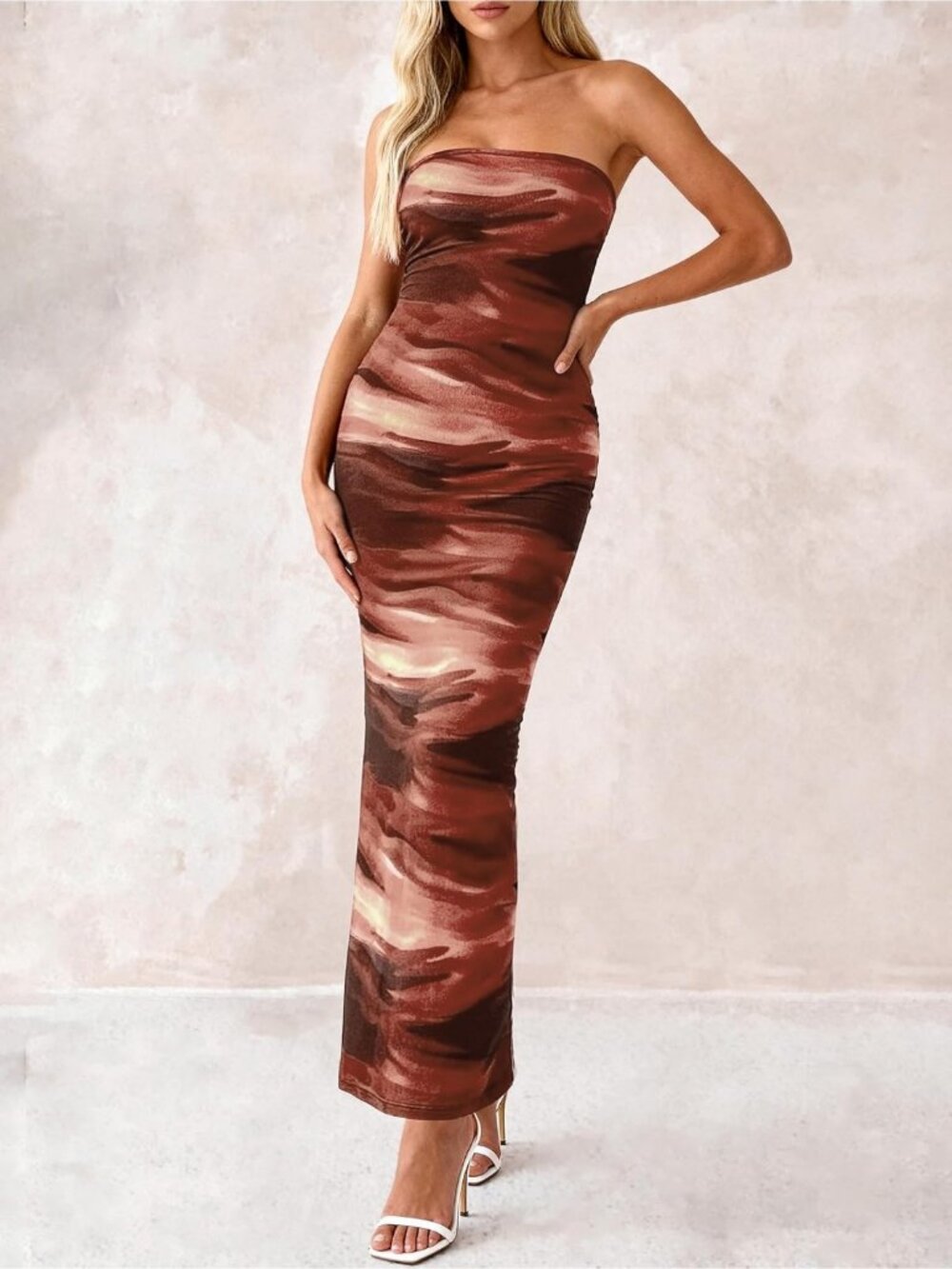 Women's Sexy Brown Floral Strapless Tube Long Bodycon Maxi Club Party Dress - Picture 5 of 6
